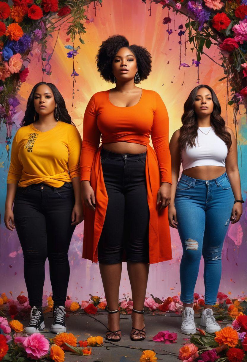 A powerful image of diverse women standing united, their silhouettes forming a strong pose against a backdrop of shattered chains and blooming flowers. Incorporate symbols of rebellion, such as graffiti art and protest signs that celebrate body positivity. The scene should exude empowerment and freedom, with vibrant colors representing strength and diversity. super-realistic. vibrant colors. contrasting background.
